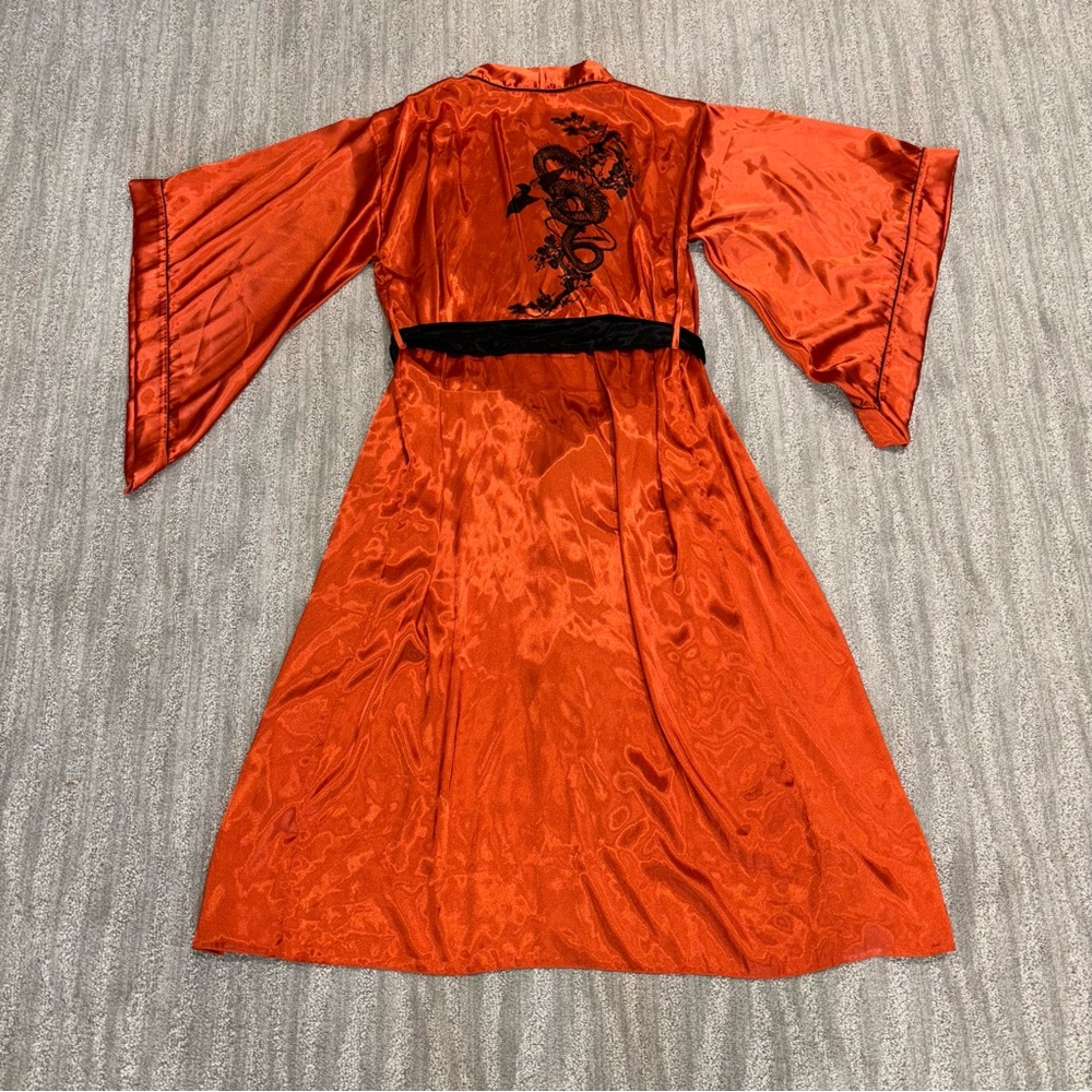 Mita Women’s Satin Copper Dragon Bat Wing Long Kimono/Robe With Black Sash Sz M